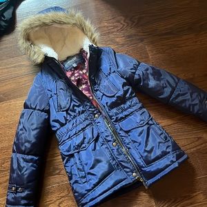 Girls winter coat, blue, faux fur hoodie, size 10-12